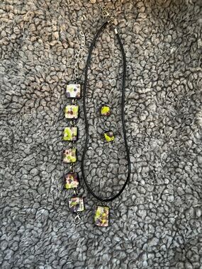 Murano Glass Necklace, Bracelet and Earrings Set — Lime, Maroon, Pink and Silver